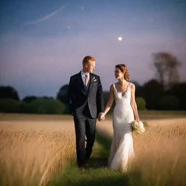 The couple enjoyed a romantic evening strolling through the fields adorned with oasts under the moonlight.