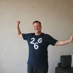 A joyful man standing proudly with the number 26 prominently displayed