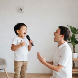 A small child happily singing with his music teacher in a bright, cheerful atmosphere within a room styled in minimalism.