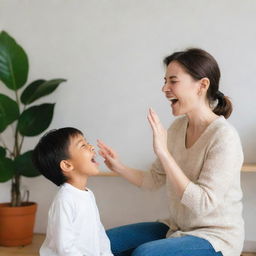 A small child happily singing with his music teacher in a bright, cheerful atmosphere within a room styled in minimalism.