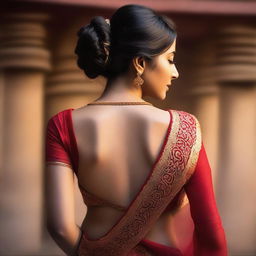 A captivating high-quality photograph of an Indian woman in a backless saree