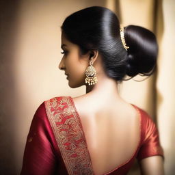 A captivating high-quality photograph of an Indian woman in a backless saree