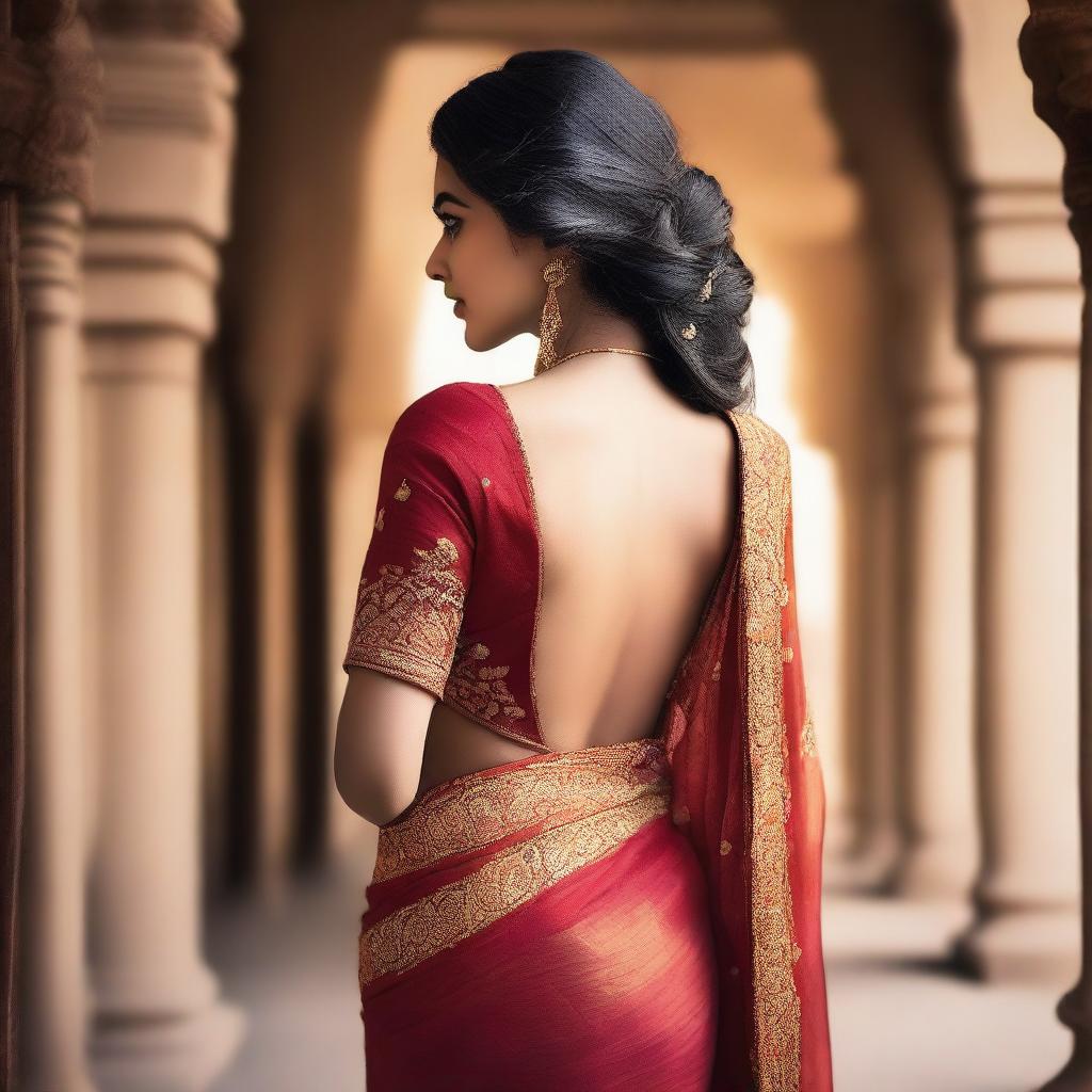 A captivating high-quality photograph of an Indian woman in a backless saree