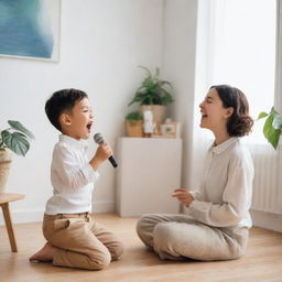 A small child happily singing with his music teacher in a bright, cheerful atmosphere within a room styled in minimalism.