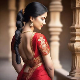 A captivating high-quality photograph of an Indian woman in a backless saree