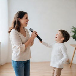 A small child happily singing with his music teacher in a bright, cheerful atmosphere within a room styled in minimalism.