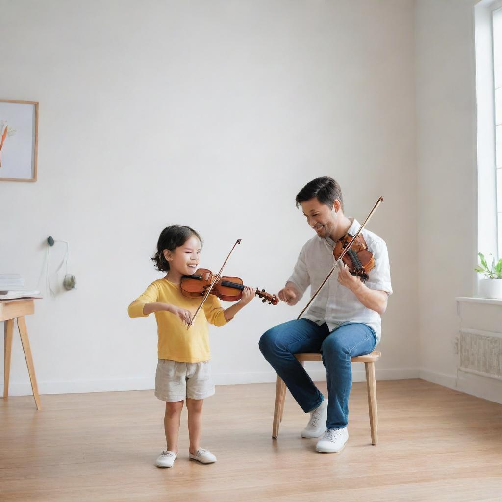 A joyous small child playing violin with his music teacher in a bright and cheerful atmosphere, set within a minimalist-styled room.