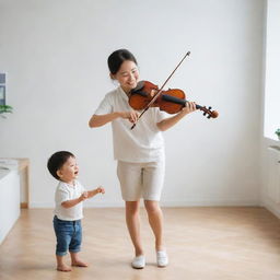 A joyous small child playing violin with his music teacher in a bright and cheerful atmosphere, set within a minimalist-styled room.