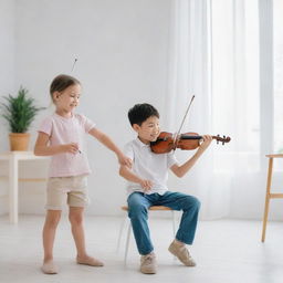 A joyous small child playing violin with his music teacher in a bright and cheerful atmosphere, set within a minimalist-styled room.