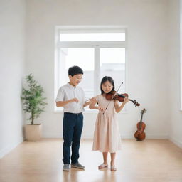 A joyous small child playing violin with his music teacher in a bright and cheerful atmosphere, set within a minimalist-styled room.