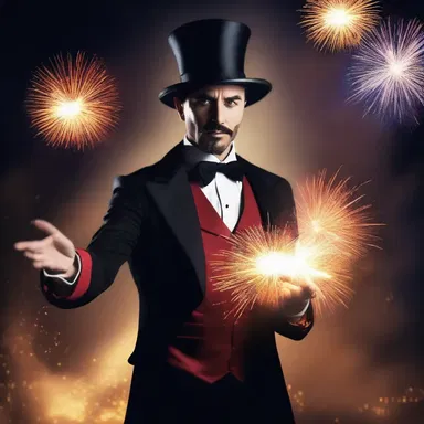The magician cast a spell with an overhanded motion, causing sparks and fireworks to fill the sky.
