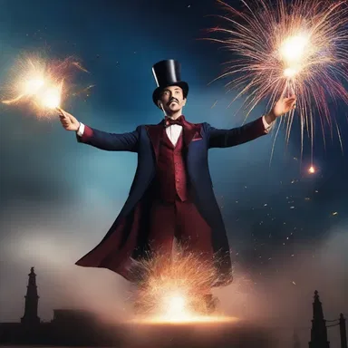 The magician cast a spell with an overhanded motion, causing sparks and fireworks to fill the sky.