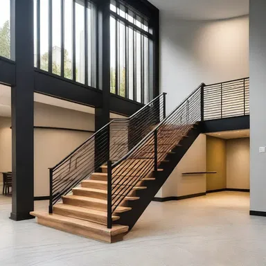 The designer incorporated an overhanded stair rail design that added a touch of elegance to the modern building.