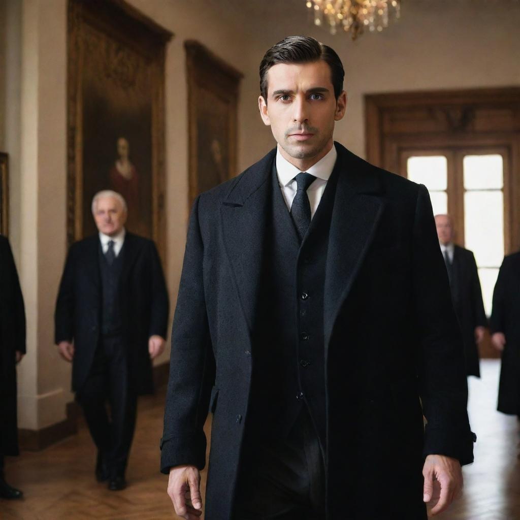 Handsome man with deep black eyes and a black formal coat, displaying a hint of Spanish heritage, making a grand entrance into a historical office, accompanied by elder businessmen.