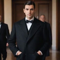 Handsome man with deep black eyes and a black formal coat, displaying a hint of Spanish heritage, making a grand entrance into a historical office, accompanied by elder businessmen.