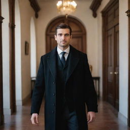 Handsome man with deep black eyes and a black formal coat, displaying a hint of Spanish heritage, making a grand entrance into a historical office, accompanied by elder businessmen.