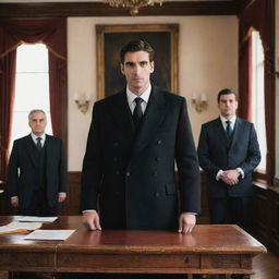 Handsome man with deep black eyes and a black formal coat, displaying a hint of Spanish heritage, making a grand entrance into a historical office, accompanied by elder businessmen.