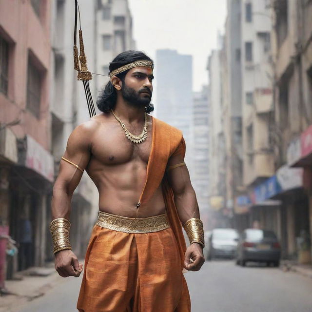 Lord Ram in an urban, modern world setting, donned in contemporary attire but still carrying his traditional bow and arrow.