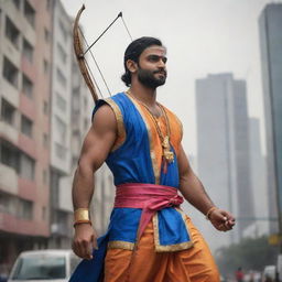 Lord Ram in an urban, modern world setting, donned in contemporary attire but still carrying his traditional bow and arrow.