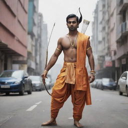 Lord Ram in an urban, modern world setting, donned in contemporary attire but still carrying his traditional bow and arrow.