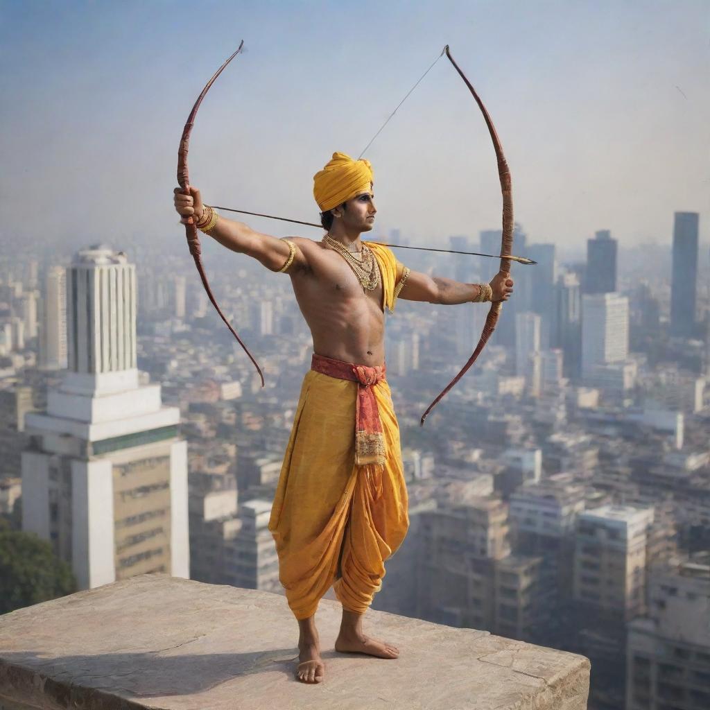 The figure of Lord Ram transplanted into a modern, bustling cityscape, dressed in stylish yet modest present-day clothes, with his traditional bow and arrow adapted to the new age.