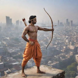 The figure of Lord Ram transplanted into a modern, bustling cityscape, dressed in stylish yet modest present-day clothes, with his traditional bow and arrow adapted to the new age.