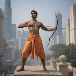 The figure of Lord Ram transplanted into a modern, bustling cityscape, dressed in stylish yet modest present-day clothes, with his traditional bow and arrow adapted to the new age.