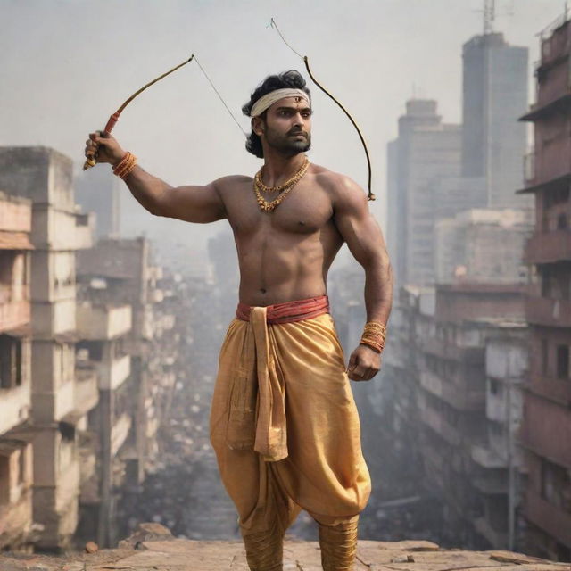 The figure of Lord Ram transplanted into a modern, bustling cityscape, dressed in stylish yet modest present-day clothes, with his traditional bow and arrow adapted to the new age.