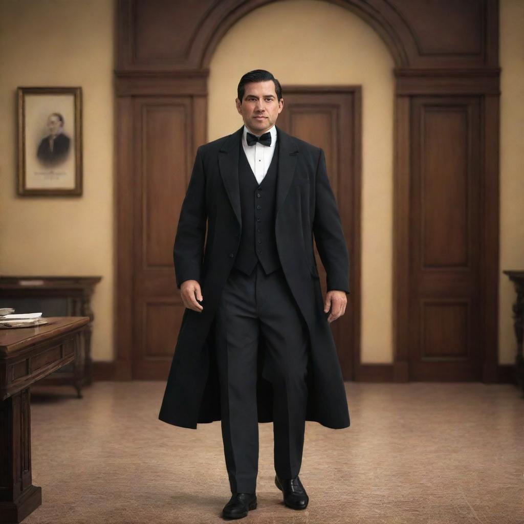 Represent a handsome man with deep black eyes and a black formal coat, exuding Spanish heritage, in an animated style. He is entering a historical office in the Spanish colonial era of the Philippines, escorted by elder businessmen.