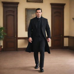 Represent a handsome man with deep black eyes and a black formal coat, exuding Spanish heritage, in an animated style. He is entering a historical office in the Spanish colonial era of the Philippines, escorted by elder businessmen.