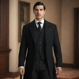 Represent a handsome man with deep black eyes and a black formal coat, exuding Spanish heritage, in an animated style. He is entering a historical office in the Spanish colonial era of the Philippines, escorted by elder businessmen.