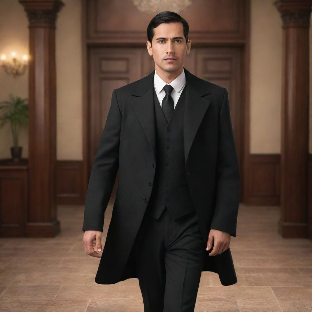 Represent a handsome man with deep black eyes and a black formal coat, exuding Spanish heritage, in an animated style. He is entering a historical office in the Spanish colonial era of the Philippines, escorted by elder businessmen.