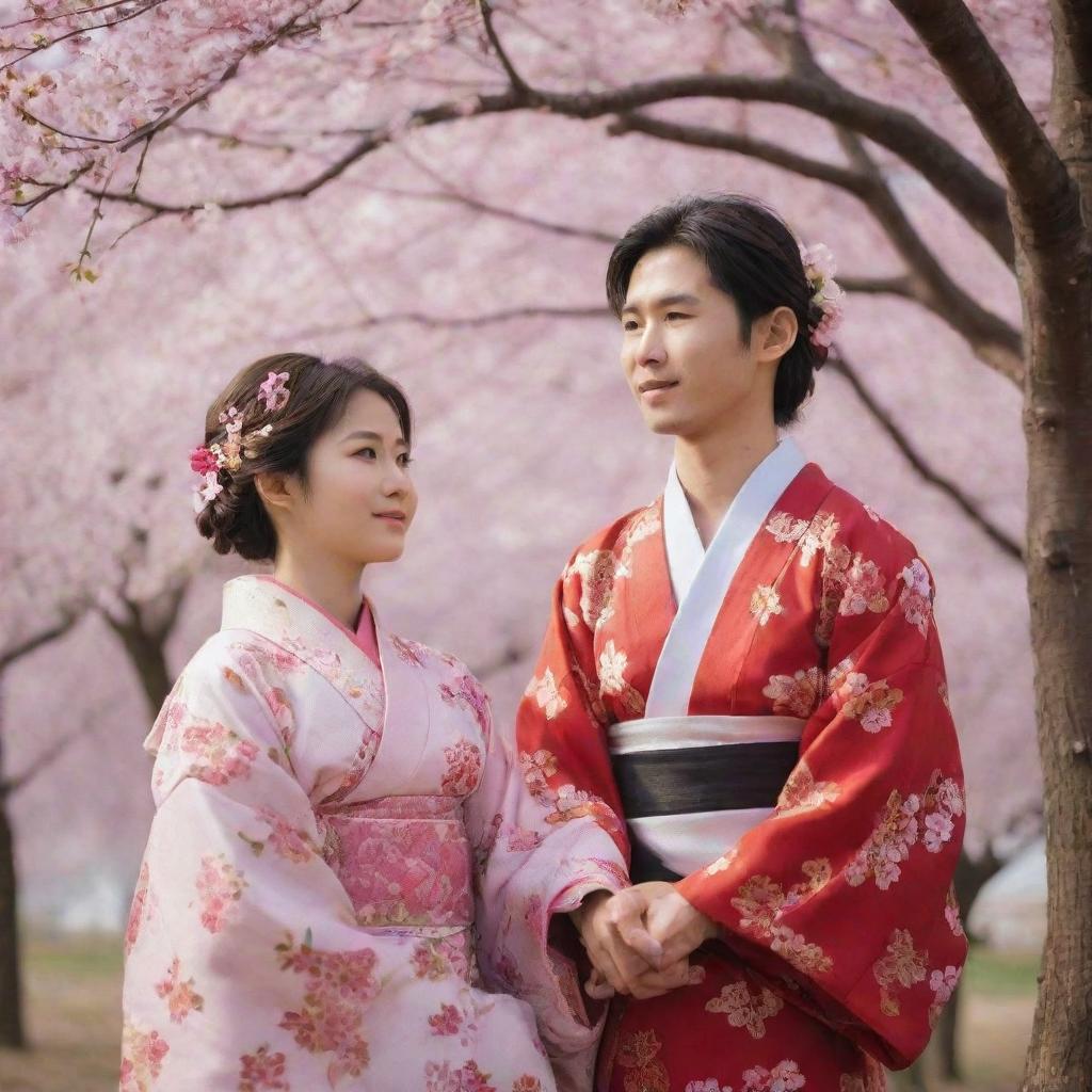 A Japanese girl dressed in a traditional kimono and a Russian boy wearing typical folk attire, sharing a moment of cultural exchange under a blooming sakura tree.