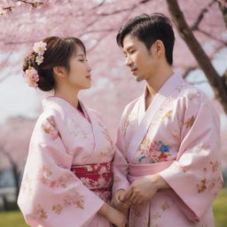 A Japanese girl dressed in a traditional kimono and a Russian boy wearing typical folk attire, sharing a moment of cultural exchange under a blooming sakura tree.