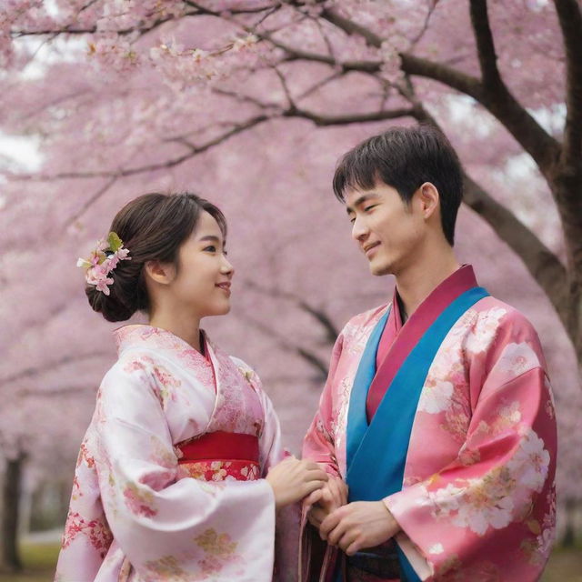 A Japanese girl dressed in a traditional kimono and a Russian boy wearing typical folk attire, sharing a moment of cultural exchange under a blooming sakura tree.