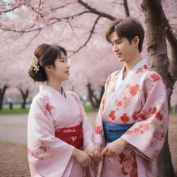 A Japanese girl dressed in a traditional kimono and a Russian boy wearing typical folk attire, sharing a moment of cultural exchange under a blooming sakura tree.