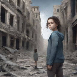 A high-quality digital art image for a book cover, featuring a young girl standing amidst a city in ruins