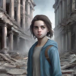 A high-quality digital art image for a book cover, featuring a young girl standing amidst a city in ruins