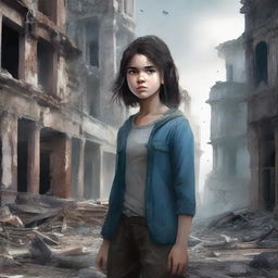 A high-quality digital art image for a book cover, featuring a young girl standing amidst a city in ruins