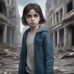 A high-quality digital art image for a book cover, featuring a young girl standing amidst a city in ruins