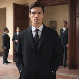 In an animated style, depict a young, handsome man with black eyes and a black formal coat, reflecting Spanish heritage. He is confidently entering a historical office in the Spanish colonial era of the Philippines, accompanied by elder businessmen.