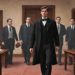 In an animated style, depict a young, handsome man with black eyes and a black formal coat, reflecting Spanish heritage. He is confidently entering a historical office in the Spanish colonial era of the Philippines, accompanied by elder businessmen.