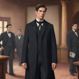 In an animated style, depict a young, handsome man with black eyes and a black formal coat, reflecting Spanish heritage. He is confidently entering a historical office in the Spanish colonial era of the Philippines, accompanied by elder businessmen.