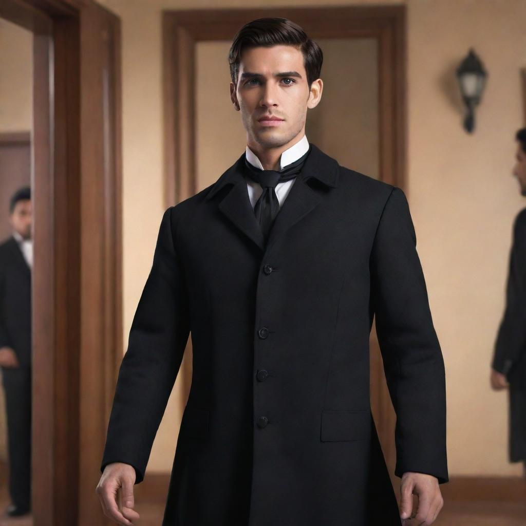 In an animated style, depict a young, handsome man with black eyes and a black formal coat, reflecting Spanish heritage. He is confidently entering a historical office in the Spanish colonial era of the Philippines, accompanied by elder businessmen.