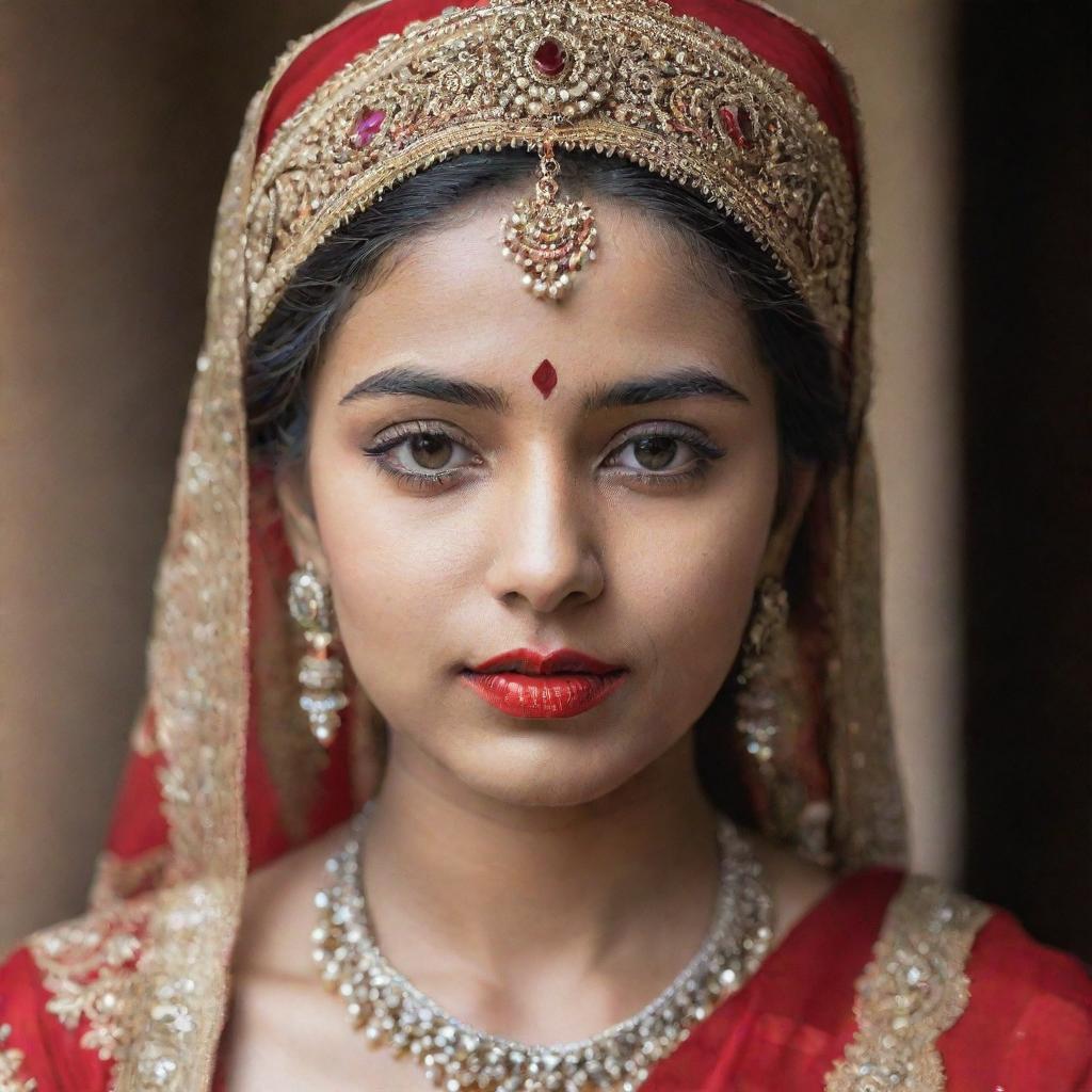 A portrait of an Indian girl with striking fair skin and blonde hair, her vibrant red lips forming a contrasting feature against her gorgeously ornate traditional Indian attire.