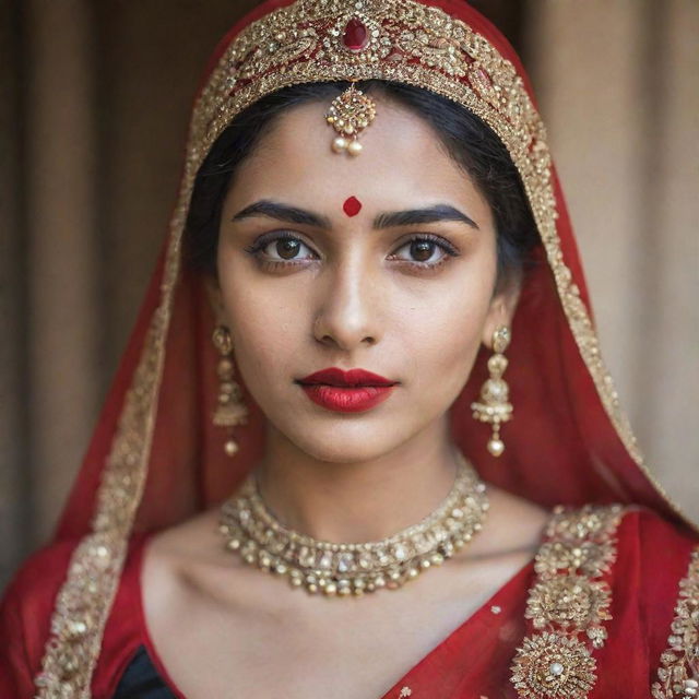 A portrait of an Indian girl with striking fair skin and blonde hair, her vibrant red lips forming a contrasting feature against her gorgeously ornate traditional Indian attire.