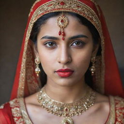 A portrait of an Indian girl with striking fair skin and blonde hair, her vibrant red lips forming a contrasting feature against her gorgeously ornate traditional Indian attire.