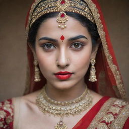 A portrait of an Indian girl with striking fair skin and blonde hair, her vibrant red lips forming a contrasting feature against her gorgeously ornate traditional Indian attire.