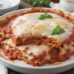 A tantalizing image of pizza lasagna, melding the iconic features of a margherita pizza with layers of pasta, cheese, and hearty marinara sauce.