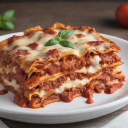 A tantalizing image of pizza lasagna, melding the iconic features of a margherita pizza with layers of pasta, cheese, and hearty marinara sauce.